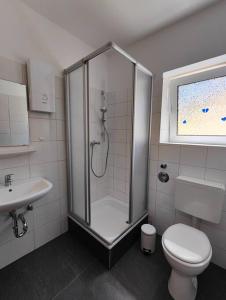 een badkamer met een douche, een toilet en een wastafel bij SANO Apartments - DGL - Hagen Zentral - vollausgestattete Küche - Internet - Platz für bis zu 5 Personen in Hagen