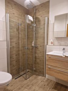 y baño con ducha, aseo y lavamanos. en Landhotel Michaelishof en Bergen