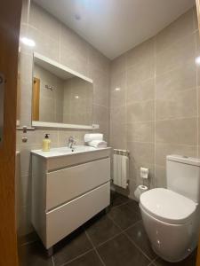 a bathroom with a toilet and a sink and a mirror at Apartamento Pastora in Vigo