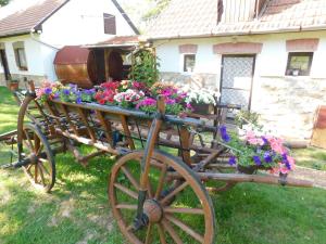 a wooden cart filled with flowers in front of a house at Korkóstoló Vendégházak in Aggtelek