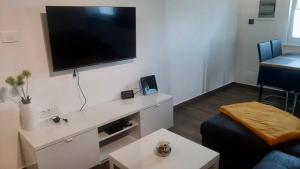 un soggiorno con una grande TV a schermo piatto a parete di Apartma Lima ad Ancarano