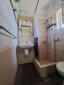 a bathroom with a sink and a shower and a toilet at Oceanides Apartments in Kourouta