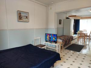 ein Schlafzimmer mit einem Bett und einem TV auf dem Tisch in der Unterkunft Lana Guest house in Simpele