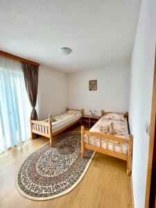 1 dormitorio con 2 camas y alfombra en Unique Una, en Ripač