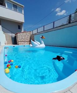 a swimming pool with two swans in the water at Didova kuća in Brodarica