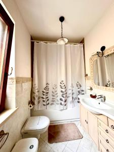 a bathroom with a shower curtain and a toilet and a sink at Il ritrovo delle Volpi in Agerola +56 photos