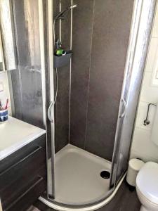 eine Dusche mit Glastür im Bad in der Unterkunft Spatzennest Beach Chalet 22 in Scharbeutz