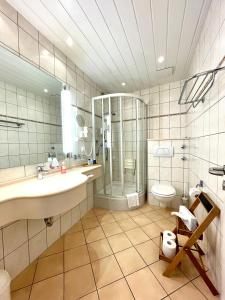 ein Bad mit einem Waschbecken, einer Dusche und einem WC in der Unterkunft AhrPart Hotel Central in Bad Neuenahr-Ahrweiler