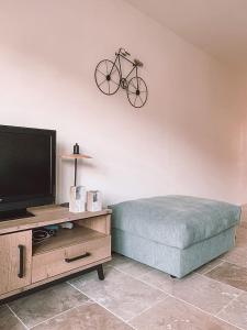 Cette chambre comprend un lit, une télévision et un vélo sur le mur. dans l'établissement FOU DU VENTOUX, à Malaucène