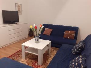 a living room with a blue couch and a table with flowers at Villa Tajra Stolac in Stolac