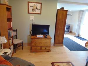 una sala de estar con TV en una cómoda de madera en La Vesiniere/BelleFleur gite, 