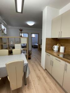 a kitchen and dining room with a table and chairs at Apartment Sotlar in Izola