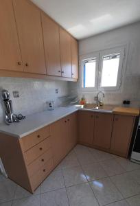 una cucina con armadi in legno e lavandino di Cyclops apartment a Serifos Chora