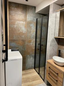 a bathroom with a shower and a toilet and a sink at Apartament Zeromskiego in Ostróda