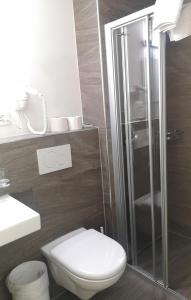 ein Bad mit einem WC und einer Glasdusche in der Unterkunft Aparthotel Résidence Bernerhof in Wengen