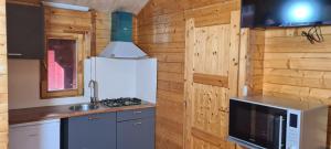a kitchen with wooden walls and a refrigerator at Vakantiepark 't Urkerbos - 4 persoons Brabantse blokhut in Urk