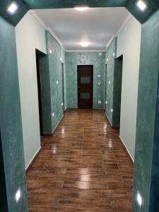 un corridoio vuoto con pareti verdi e pavimenti in legno di Casa Peneșel a Băile Herculane