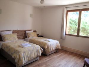 een slaapkamer met 2 bedden en een raam bij Spacious villa apartment with mountain view -2 bed in Quillan