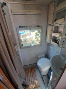 a small bathroom with a toilet and a sink at Camping car à 3 minutes du parc Pairi Daiza in Brugelette