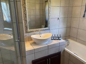een badkamer met een wastafel, een spiegel en een bad bij Zacks Country Stay Self-catering in Krugersdorp