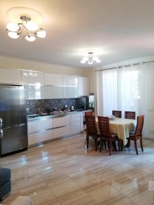 斯库台Holiday Center Apartment的配有桌椅和冰箱的厨房
