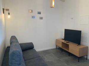 a living room with a couch and a flat screen tv at Quinta da Ema in Santo Estêvão das Galés