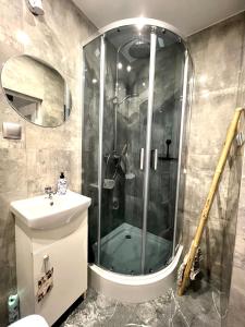 a bathroom with a glass shower and a sink at Apartament Centrum Słupsk,WiFi-Netflix,dzieci I zwierzeta mile widziane! in Słupsk
