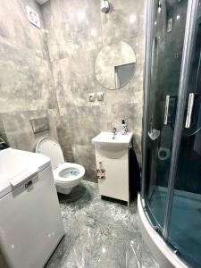 a bathroom with a toilet and a sink and a shower at Apartament Centrum Słupsk,WiFi-Netflix,dzieci I zwierzeta mile widziane! in Słupsk