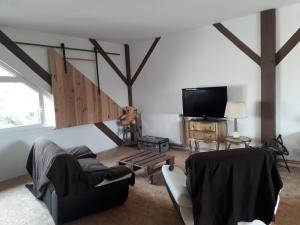ein Wohnzimmer mit Möbeln und einem Flachbild-TV in der Unterkunft La fermette in Saint-Marcellin