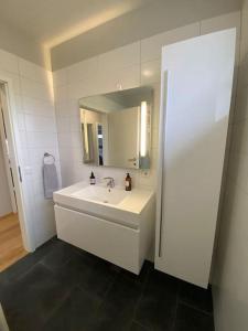a bathroom with a white sink and a mirror at Strýta 4 in Ölfus