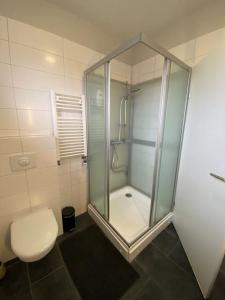 a bathroom with a glass shower and a toilet at Strýta 4 in Ölfus