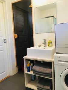 a bathroom with a sink and a washing machine at Romantic beach cottage in Kalana