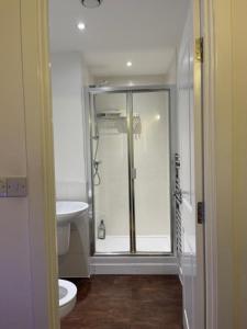 a bathroom with a shower and a toilet at Amazing Luxury Double Bedroom with en-suite shower and free parking with a Sound bar & smart TV in a two bed Apartment I live in the 2nd room in Belvedere