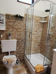 La salle de bains est pourvue d'une douche et de toilettes. dans l'établissement Apartmani Nata, à Maslinica