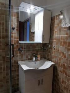 ein Bad mit einem Waschbecken, einem Spiegel und einer Dusche in der Unterkunft Apartmani Nata in Maslinica
