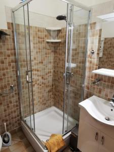 La salle de bains est pourvue d'une douche et d'un lavabo. dans l'établissement Apartmani Nata, à Maslinica