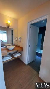 ein Bad mit einem Waschbecken und einem Spiegel in der Unterkunft Villa Ober Suites in Dina Huapi