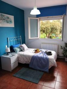 a blue bedroom with a bed and a window at Chalet Las Dalias in El Espinar