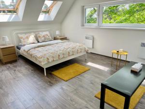 um quarto com uma cama e duas janelas em M.F. em Chvalatice
