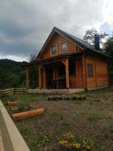 a log cabin with a porch in a yard at Vila Bella, Tara, Zaovinsko jezero in Zaovine