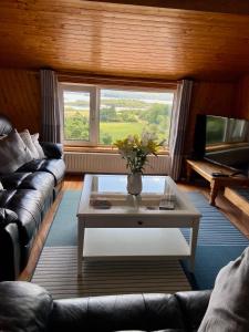 ein Wohnzimmer mit einem Sofa und einem Couchtisch in der Unterkunft Grenane Heights in Kenmare