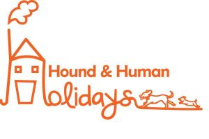 een logo voor een vakantieoord met een man en een vrouw op het strand bij Hound and Human Holiday Cottage - Redgrave, Suffolk in Diss