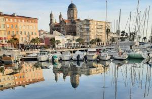 un gruppo di imbarcazioni ormeggiate in un porto con edifici di Grand studio spacieux et climatisé a Saint-Raphaël