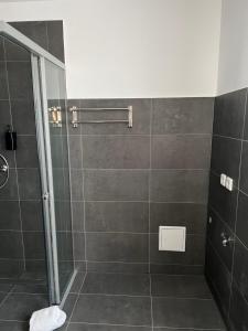 a bathroom with a shower with a glass door at Seeblick Apartment am Mellensee in Mellensee