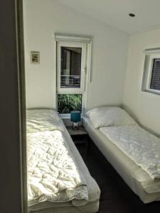 - 2 lits dans une chambre avec fenêtre dans l'établissement Spatzennest Beach Chalet 22, à Scharbeutz