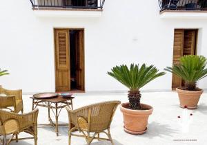 eine Terrasse mit Stühlen, einem Tisch und Palmen in der Unterkunft Il Cactus: una piccola oasi in paese in Favignana