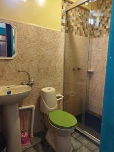 a bathroom with a green toilet and a shower at Uyuni HOSTAL YOKOSO in Uyuni
