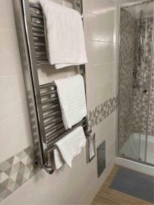 Un baño con toallas blancas y ducha. en Pisani Hotel, en San Nicola La Strada