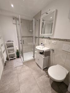 a bathroom with a shower and a toilet and a sink at Ferienwohnung an der historischen Stadtmauer in Cochem
