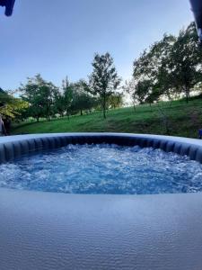 a large hot tub in a backyard with trees in the background at Country House Stoljetna Vila in Seona
